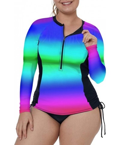 Women's Plus Size Zip-Front Multicolor Striped Long Sleeve Tankini Rashguard Top XL-4XL Blue2 $10.75 Swimsuits