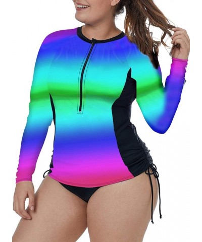 Women's Plus Size Zip-Front Multicolor Striped Long Sleeve Tankini Rashguard Top XL-4XL Blue2 $10.75 Swimsuits