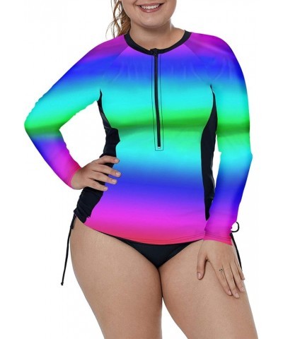 Women's Plus Size Zip-Front Multicolor Striped Long Sleeve Tankini Rashguard Top XL-4XL Blue2 $10.75 Swimsuits