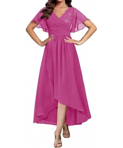 V Neck Mother of The Bride Dresses Tea Length Bridesmaid Dress for Wedding Short Prom Gown with Flounce Sleeve Hot Pink $39.1...