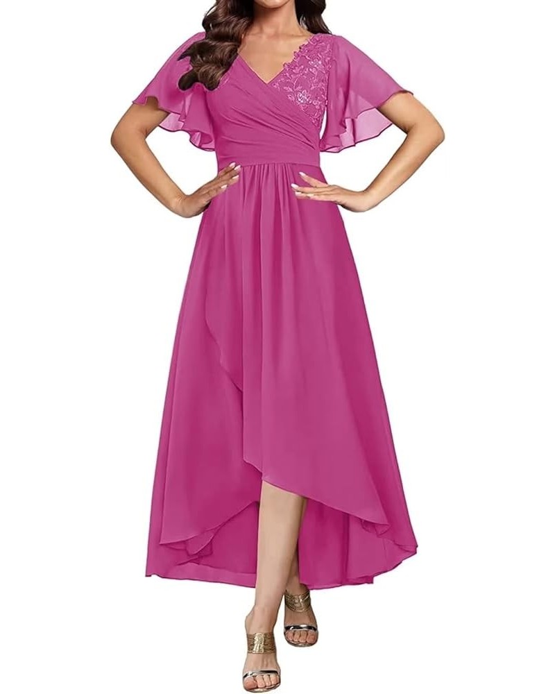 V Neck Mother of The Bride Dresses Tea Length Bridesmaid Dress for Wedding Short Prom Gown with Flounce Sleeve Hot Pink $39.1...