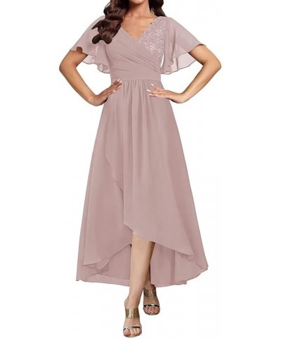 V Neck Mother of The Bride Dresses Tea Length Bridesmaid Dress for Wedding Short Prom Gown with Flounce Sleeve Hot Pink $39.1...