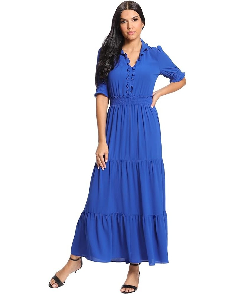 Women's Smocked Puff SLV Ruffle Nk Tiered Midi Dress Navy $44.57 Dresses