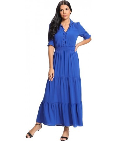 Women's Smocked Puff SLV Ruffle Nk Tiered Midi Dress Navy $44.57 Dresses