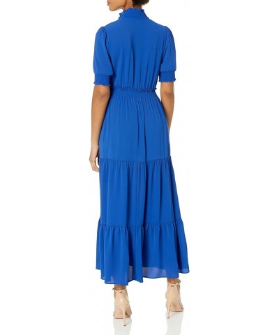 Women's Smocked Puff SLV Ruffle Nk Tiered Midi Dress Navy $44.57 Dresses