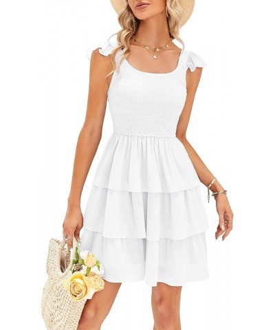 Womens 2023 Summer Flutter Sleeve Babydoll Dress Boho Ruffle Tiered Smocked A Line Swing Beach Mini Dresses White $20.13 Dresses