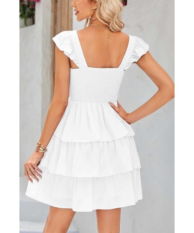 Womens 2023 Summer Flutter Sleeve Babydoll Dress Boho Ruffle Tiered Smocked A Line Swing Beach Mini Dresses White $20.13 Dresses