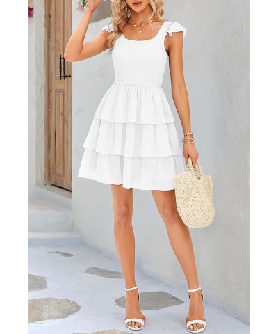 Womens 2023 Summer Flutter Sleeve Babydoll Dress Boho Ruffle Tiered Smocked A Line Swing Beach Mini Dresses White $20.13 Dresses