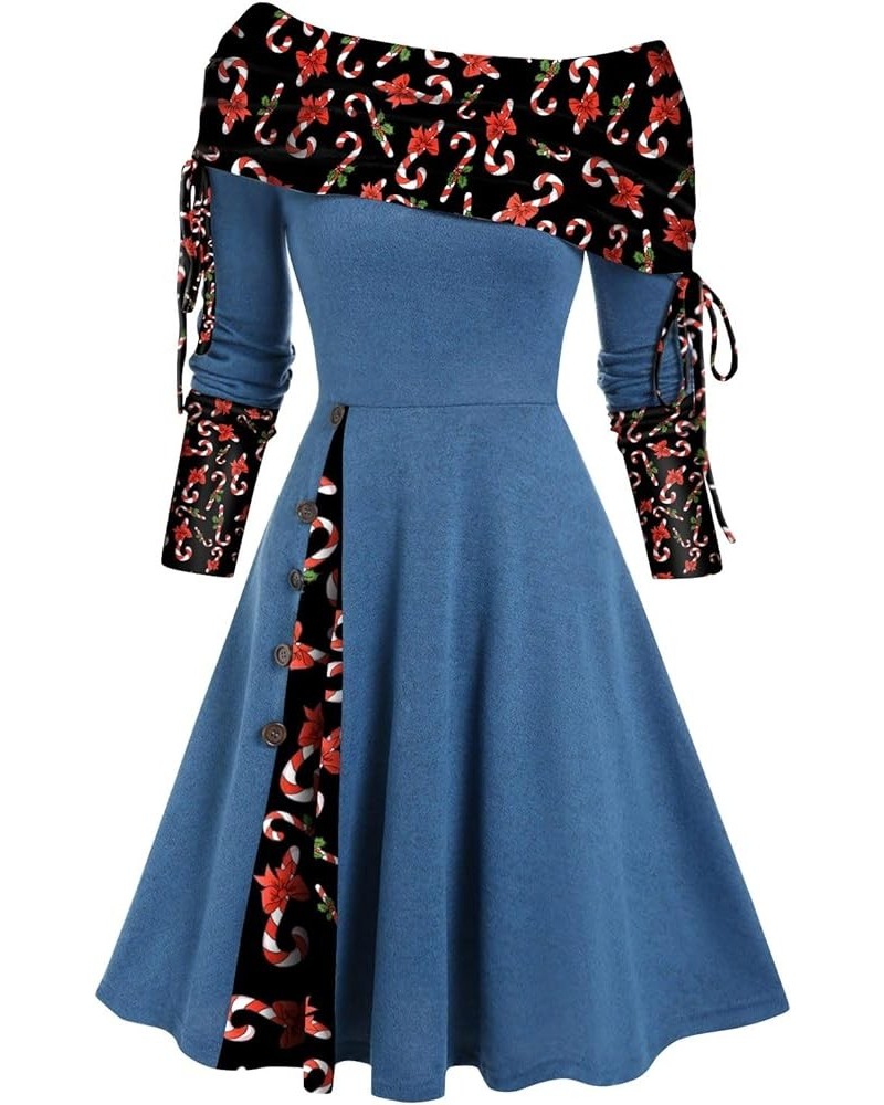 Womens Sexy Off Shoulder Dresses Vintage Print Patchwork Button Casual Dress Long Sleeve Flowy Swing A-Line Dress 25blues $11...
