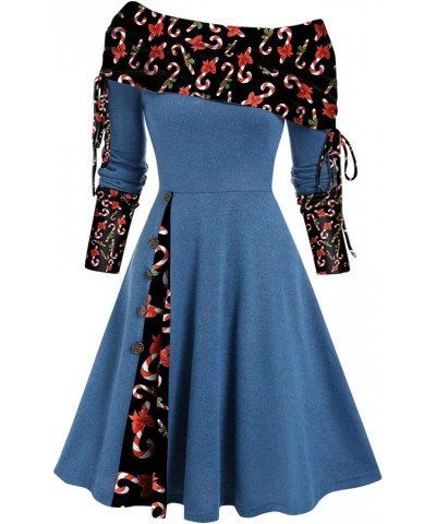 Womens Sexy Off Shoulder Dresses Vintage Print Patchwork Button Casual Dress Long Sleeve Flowy Swing A-Line Dress 25blues $11...