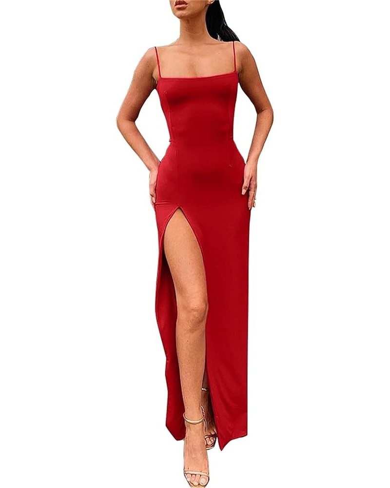 Women's Spaghetti Strap Backless Thigh-high Slit Bodycon Maxi Long Dress Club Party Dress Red $18.19 Dresses