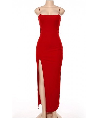 Women's Spaghetti Strap Backless Thigh-high Slit Bodycon Maxi Long Dress Club Party Dress Red $18.19 Dresses