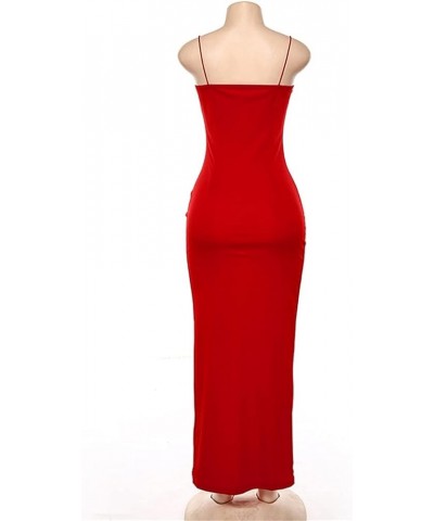 Women's Spaghetti Strap Backless Thigh-high Slit Bodycon Maxi Long Dress Club Party Dress Red $18.19 Dresses