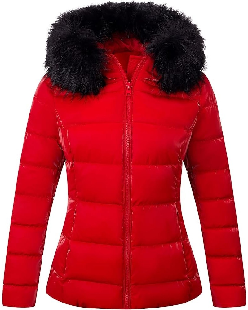 Womens Lightweight Puffer Jacket, Winter Coats for Women Warm Quilted Bubble Padded Hood Coat with Faux Fur Collar Red $33.14...