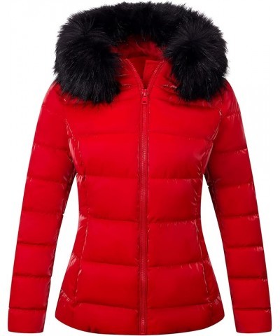 Womens Lightweight Puffer Jacket, Winter Coats for Women Warm Quilted Bubble Padded Hood Coat with Faux Fur Collar Red $33.14...