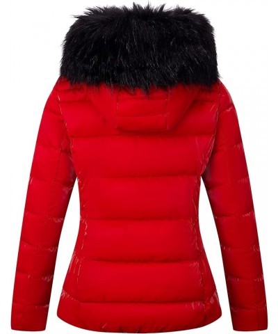 Womens Lightweight Puffer Jacket, Winter Coats for Women Warm Quilted Bubble Padded Hood Coat with Faux Fur Collar Red $33.14...