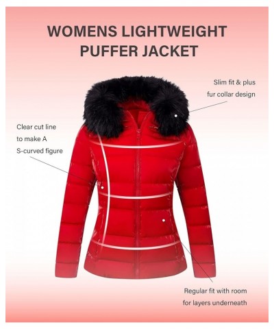 Womens Lightweight Puffer Jacket, Winter Coats for Women Warm Quilted Bubble Padded Hood Coat with Faux Fur Collar Red $33.14...