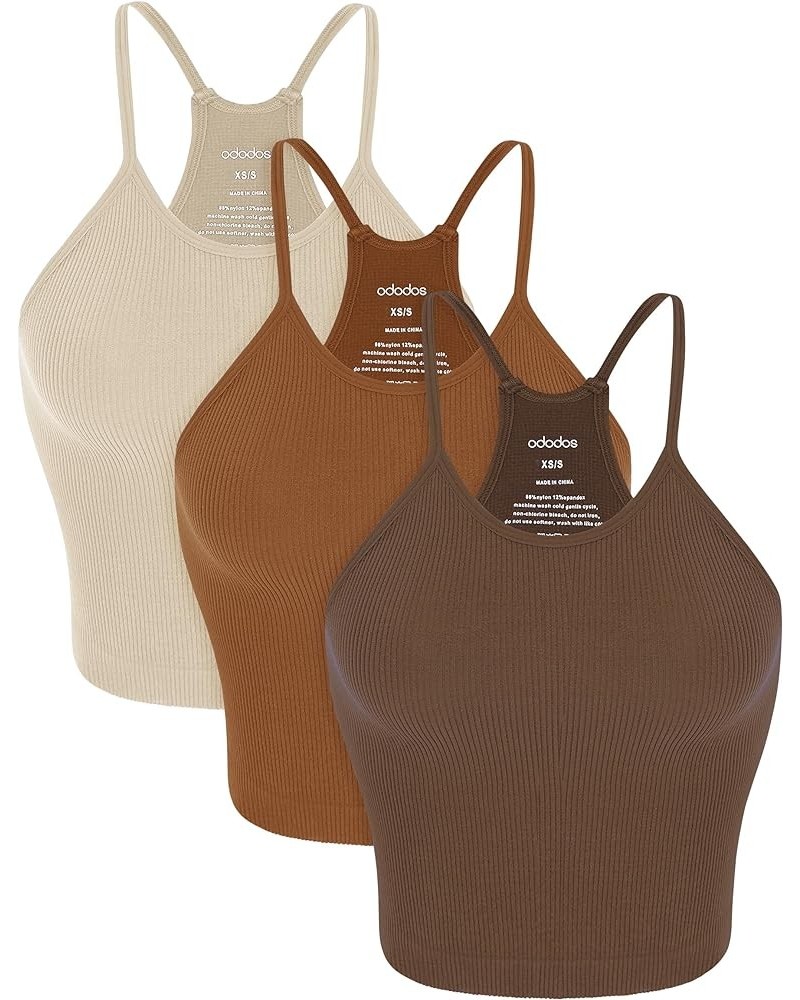 Women's Crop 3-Pack Washed Seamless Rib-Knit Camisole Crop Tank Tops Brunette+clay+mushroom (Waist Length) $13.59 Tanks