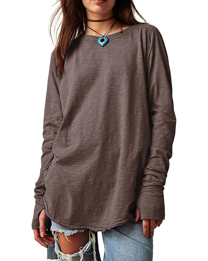 Womens Long Sleeve Tops Crewneck Round Hem Oversize T-Shirts Casual Loose Tunic Blouse Tees with Thumb Holes Coffee $18.19 Tops