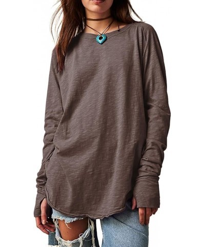 Womens Long Sleeve Tops Crewneck Round Hem Oversize T-Shirts Casual Loose Tunic Blouse Tees with Thumb Holes Coffee $18.19 Tops