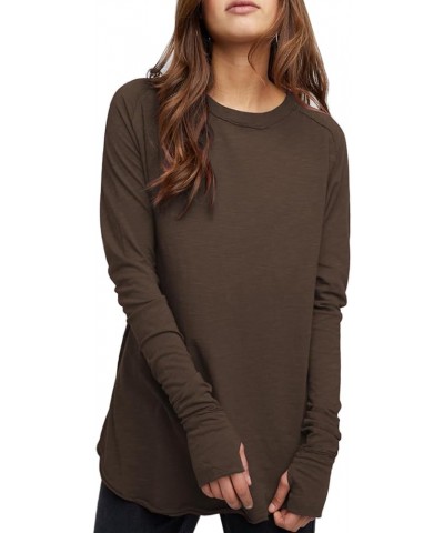 Womens Long Sleeve Tops Crewneck Round Hem Oversize T-Shirts Casual Loose Tunic Blouse Tees with Thumb Holes Coffee $18.19 Tops