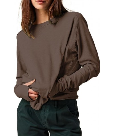 Womens Long Sleeve Tops Crewneck Round Hem Oversize T-Shirts Casual Loose Tunic Blouse Tees with Thumb Holes Coffee $18.19 Tops