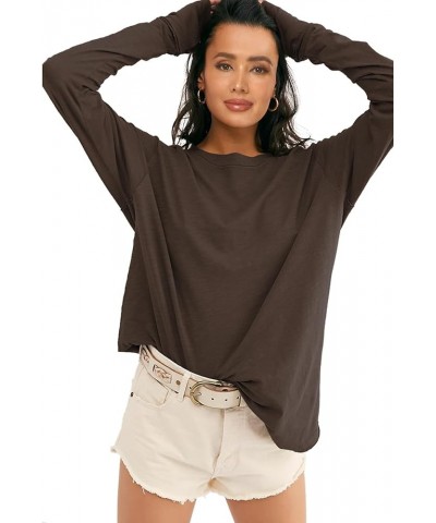 Womens Long Sleeve Tops Crewneck Round Hem Oversize T-Shirts Casual Loose Tunic Blouse Tees with Thumb Holes Coffee $18.19 Tops