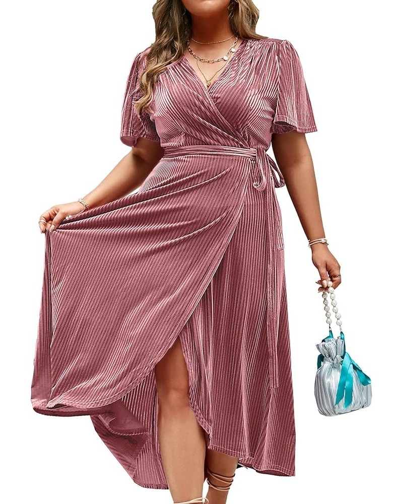 Women's Boho V Neck Ruffle Floral Wrap Maxi Dress Plus Size-Velvet-Short Sleeve Z-velvet Plus Mauve $16.19 Dresses