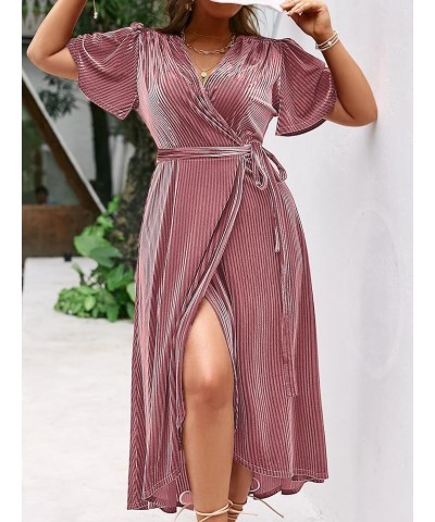 Women's Boho V Neck Ruffle Floral Wrap Maxi Dress Plus Size-Velvet-Short Sleeve Z-velvet Plus Mauve $16.19 Dresses