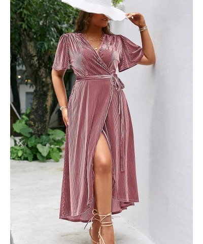 Women's Boho V Neck Ruffle Floral Wrap Maxi Dress Plus Size-Velvet-Short Sleeve Z-velvet Plus Mauve $16.19 Dresses