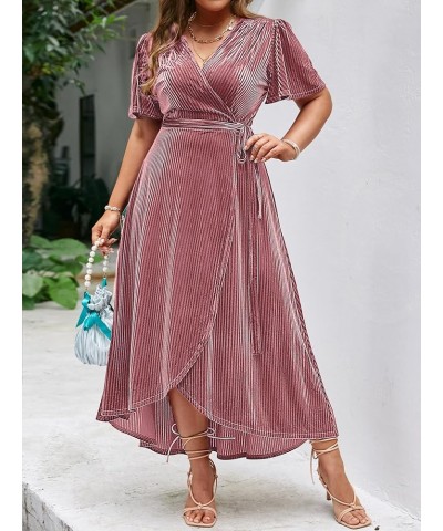 Women's Boho V Neck Ruffle Floral Wrap Maxi Dress Plus Size-Velvet-Short Sleeve Z-velvet Plus Mauve $16.19 Dresses