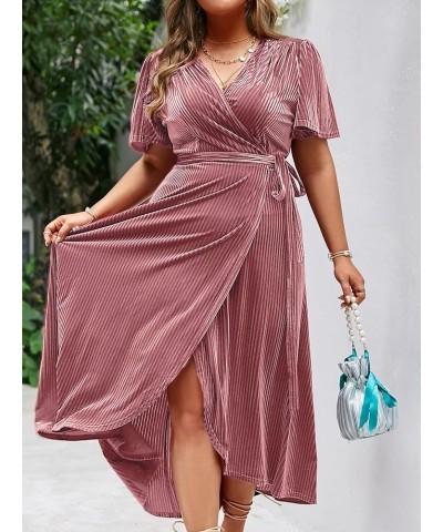 Women's Boho V Neck Ruffle Floral Wrap Maxi Dress Plus Size-Velvet-Short Sleeve Z-velvet Plus Mauve $16.19 Dresses