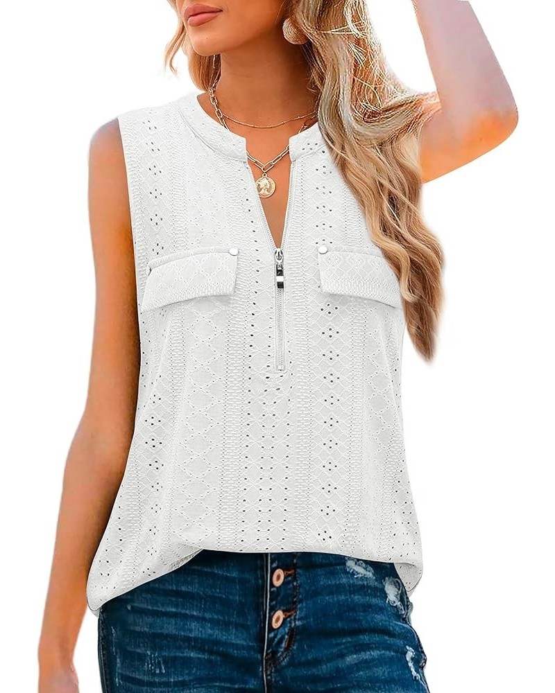 Women's V-Neck Casual Tunic Tank Tops Zipper Sleeveless Blouse Shirt A-white $13.34 Tanks