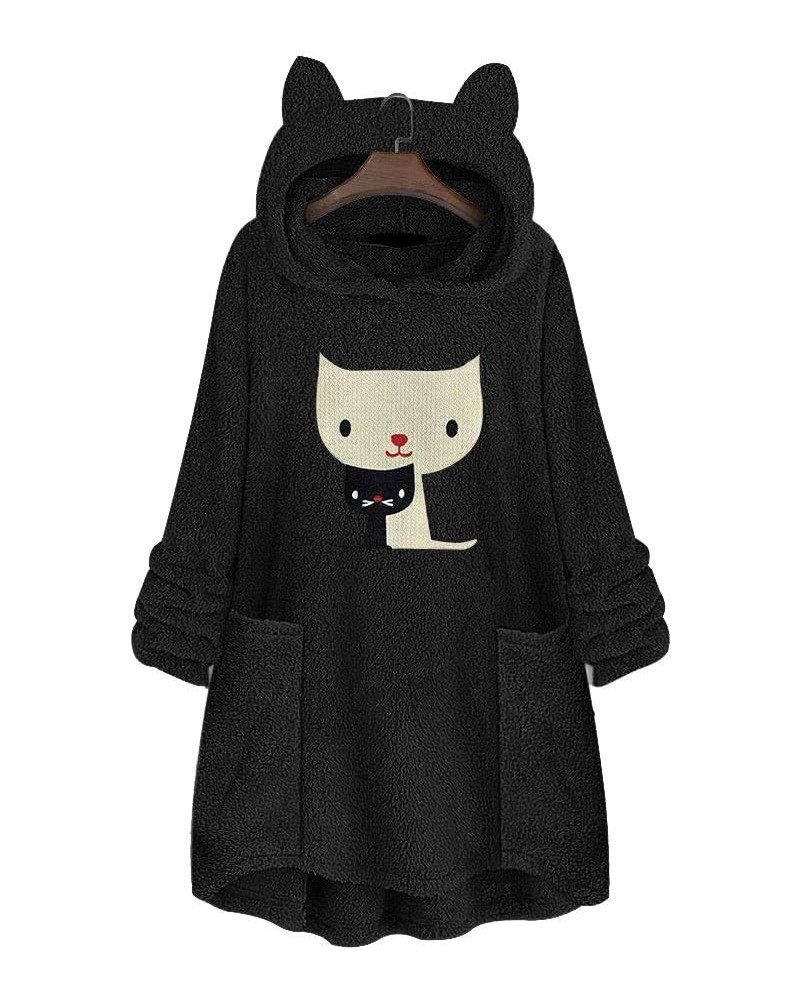 Women's Cat Graphic Fuzzy Fleece Hoodies Sherpa Sweatshirt Loose Pullover Tops A2-black $18.87 Hoodies & Sweatshirts