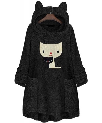 Women's Cat Graphic Fuzzy Fleece Hoodies Sherpa Sweatshirt Loose Pullover Tops A2-black $18.87 Hoodies & Sweatshirts