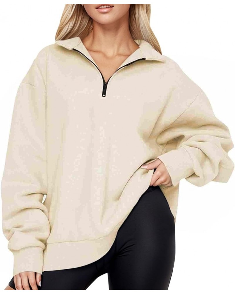 Oversized Sweatshirt for Women Loose Quarter Zip Pullover Fall Comfy Soft V Neck Lapel Vintage Fitted Tops Khaki-f $5.39 Shirts