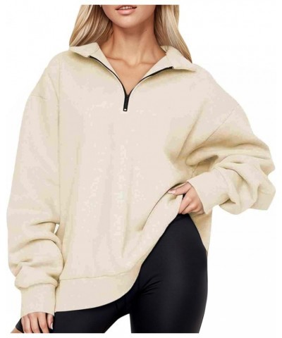 Oversized Sweatshirt for Women Loose Quarter Zip Pullover Fall Comfy Soft V Neck Lapel Vintage Fitted Tops Khaki-f $5.39 Shirts