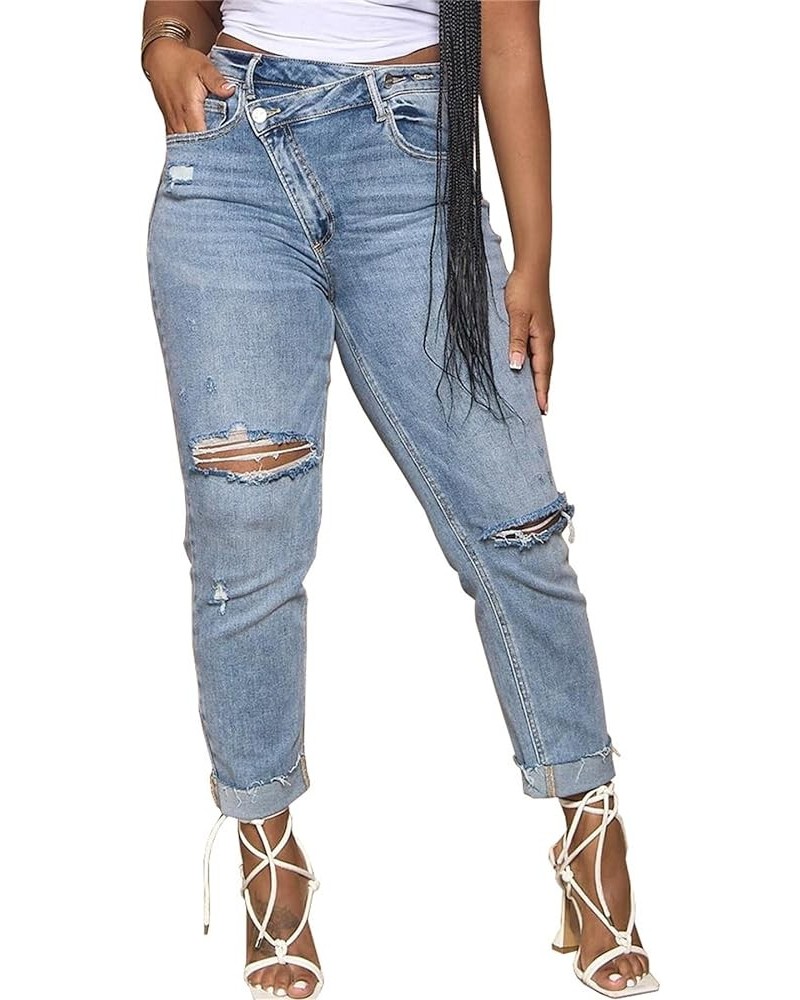 Womens Ripped Jeans Y2K High Waisted Stretch Jeans Boyfriend Distressed Skinny Denim Pants Streetwear Light Blue $17.84 Jeans