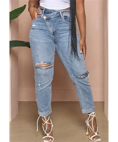 Womens Ripped Jeans Y2K High Waisted Stretch Jeans Boyfriend Distressed Skinny Denim Pants Streetwear Light Blue $17.84 Jeans