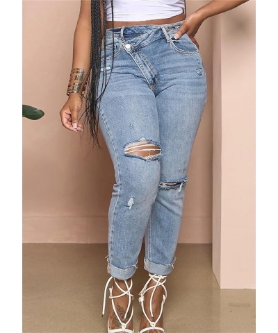 Womens Ripped Jeans Y2K High Waisted Stretch Jeans Boyfriend Distressed Skinny Denim Pants Streetwear Light Blue $17.84 Jeans