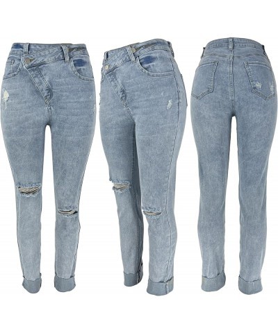 Womens Ripped Jeans Y2K High Waisted Stretch Jeans Boyfriend Distressed Skinny Denim Pants Streetwear Light Blue $17.84 Jeans