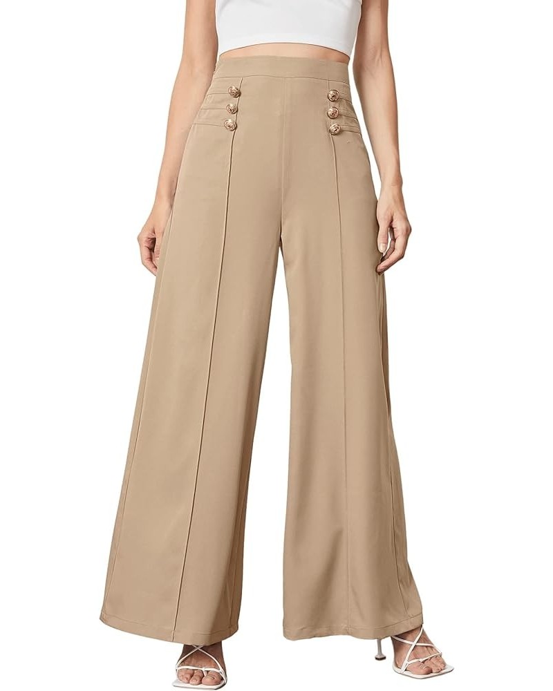 Women's Classy High Waist Double Breasted Wide Leg Regular Fit Pants with Hide Zipper Pure Apricot $17.15 Pants