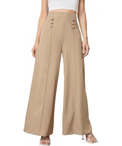 Women's Classy High Waist Double Breasted Wide Leg Regular Fit Pants with Hide Zipper Pure Apricot $17.15 Pants