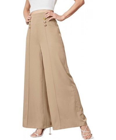 Women's Classy High Waist Double Breasted Wide Leg Regular Fit Pants with Hide Zipper Pure Apricot $17.15 Pants