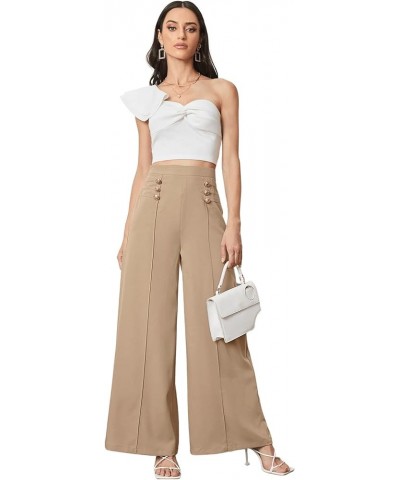 Women's Classy High Waist Double Breasted Wide Leg Regular Fit Pants with Hide Zipper Pure Apricot $17.15 Pants