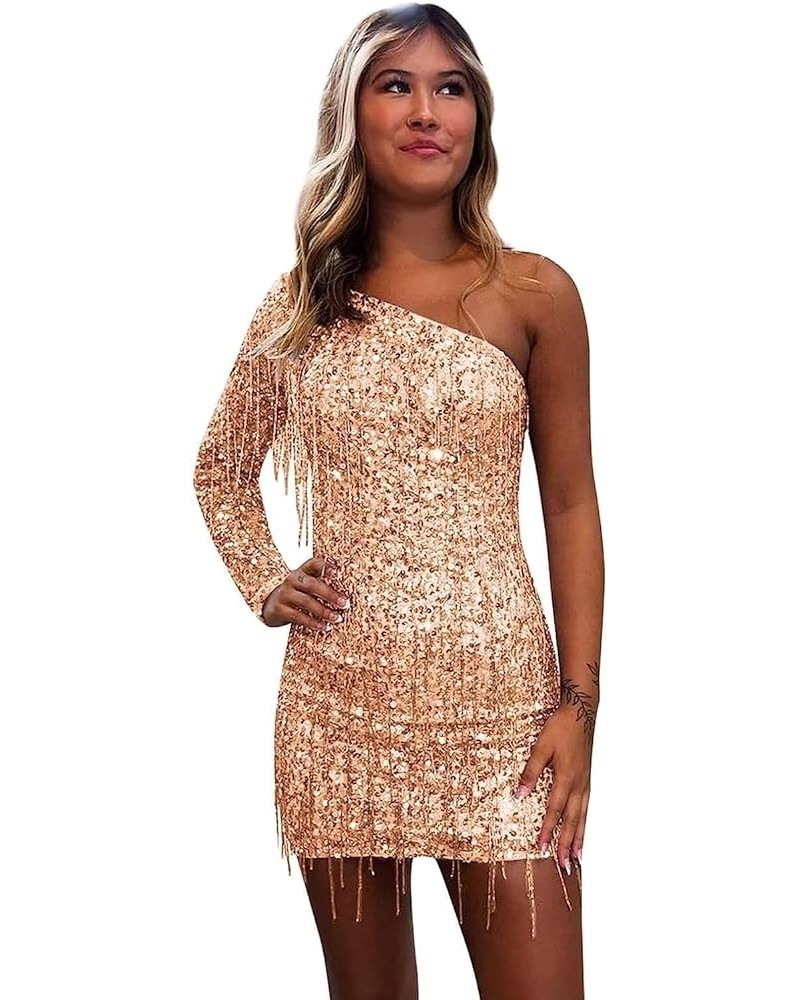 One Shoulder Homecoming Dresses for Teens Sequin Short Cocktail Dress with Fringe Tight Prom Ballgown Rose Gold $28.61 Dresses