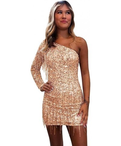 One Shoulder Homecoming Dresses for Teens Sequin Short Cocktail Dress with Fringe Tight Prom Ballgown Rose Gold $28.61 Dresses