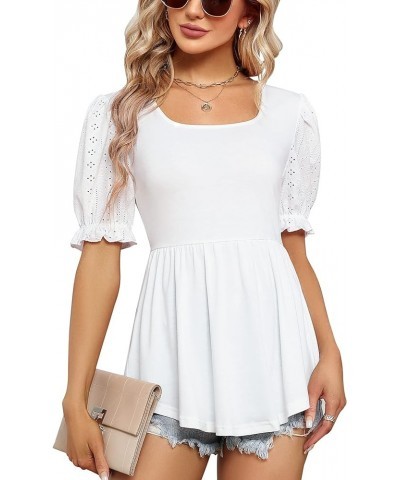 Women's Puff Sleeve Tunic Tops Square Neck Peplum Shirt Loose Ruffle Hem Blouse Empire Waist Tshirt White $13.79 Tops