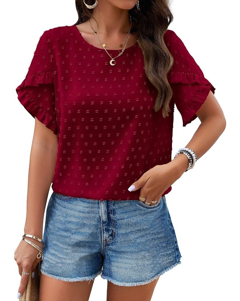 Women's Tops 2024 Summer Ruffle Short Sleeve Crewneck Blouses Swiss Dots Solid Loose Tunics Work Shirts Wine Red $16.49 Blouses