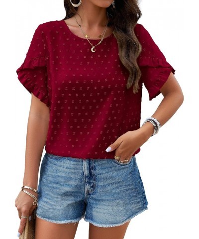 Women's Tops 2024 Summer Ruffle Short Sleeve Crewneck Blouses Swiss Dots Solid Loose Tunics Work Shirts Wine Red $16.49 Blouses